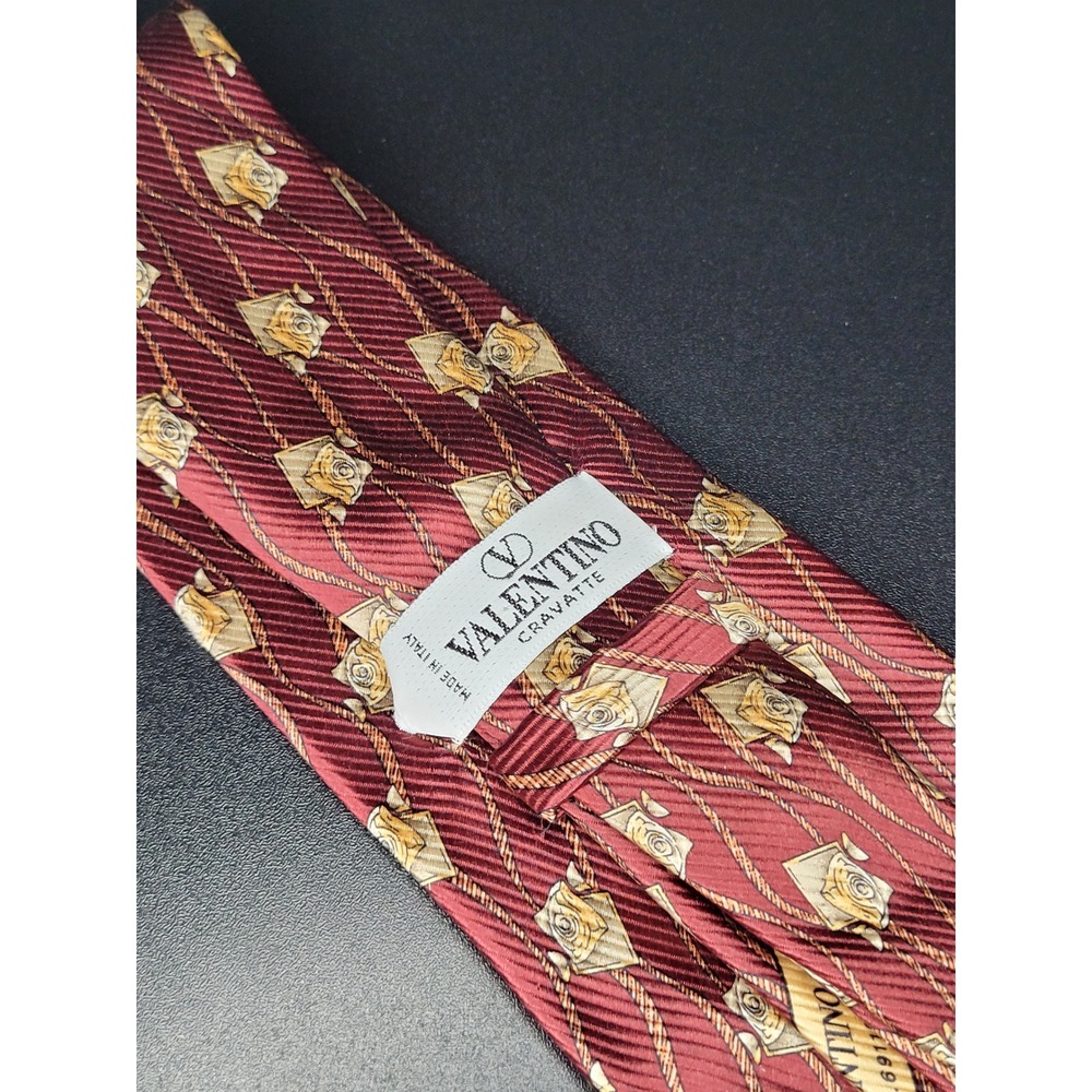 Valentino Cravatte Silk Necktie Burgundy Yellow Rose Rope Pattern 69118
